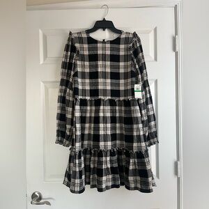 NWT 1. State Black & White Plaid Long Sleeve Ruffle Tiered Dress Large